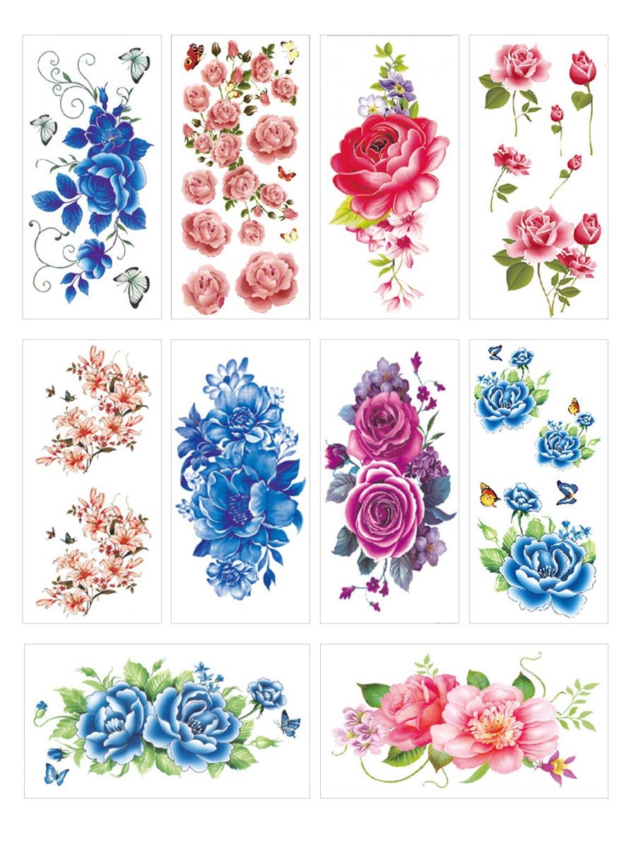 10Pcs/Set Waterproof Tattoo Stickers Plum Peony Flowers Sketch Colorful Tattoo