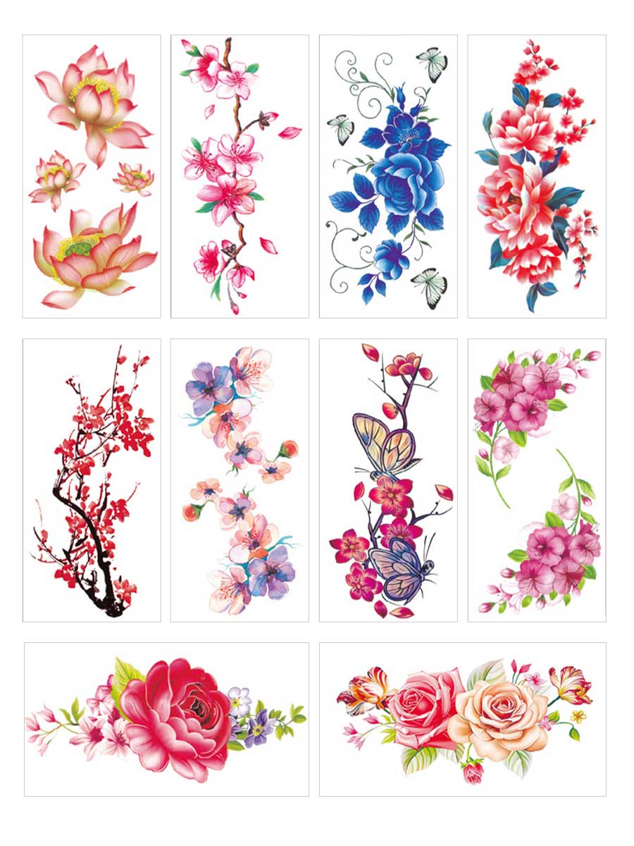 10Pcs/Set Waterproof Tattoo Stickers Plum Peony Flowers Sketch Colorful Tattoo