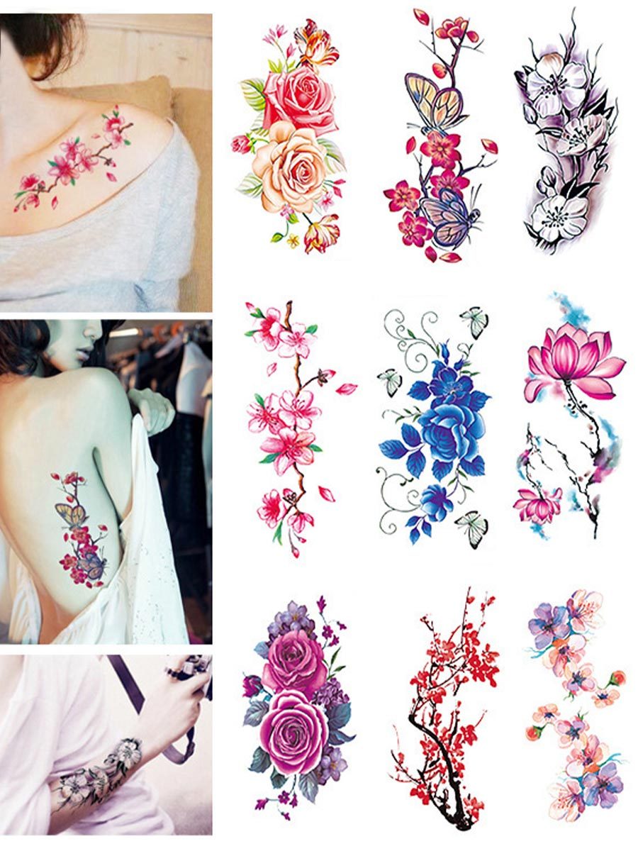 10Pcs/Set Waterproof Tattoo Stickers Plum Peony Flowers Sketch Colorful Tattoo